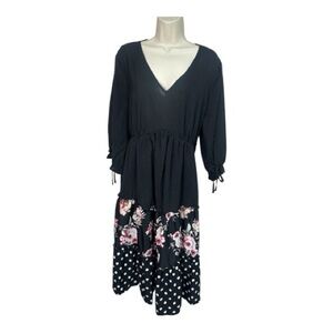 BloomChic Black Midi Dress with Pink Floral & White Polka Dot Panels